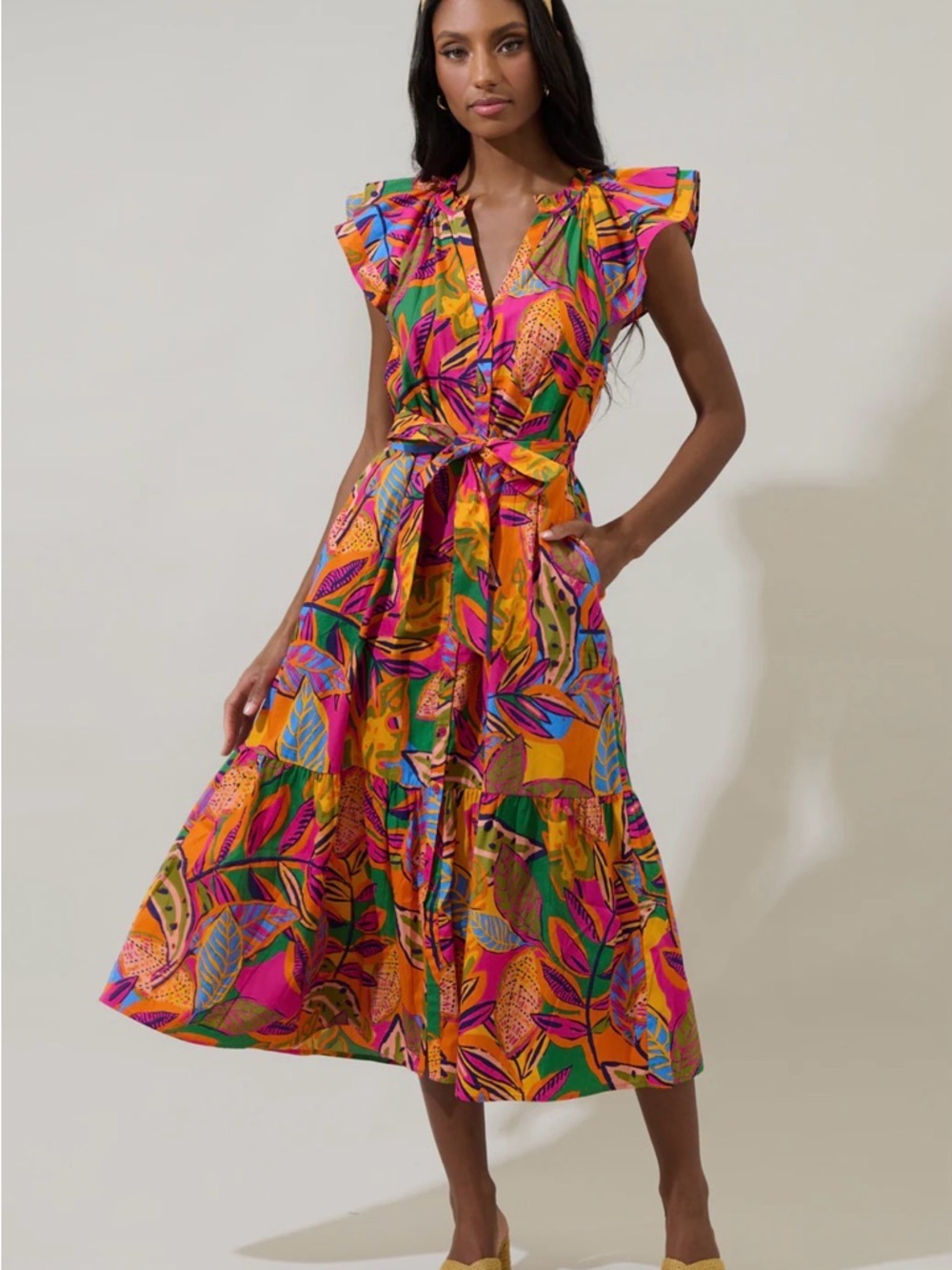 Sugarlips Milana Charlotte Button Midi Dress Flutter Sleeve V-Neck Cotton M NWOT